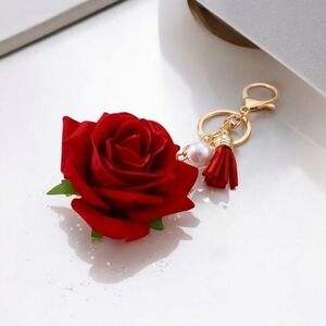 Bohemian Velvet‎ Rose and Stem with Pearl Keychain Red NWT